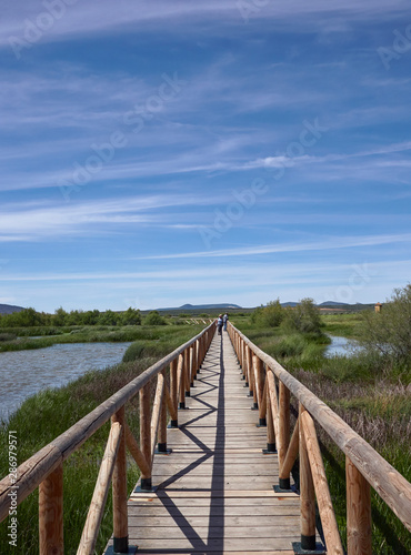 The wooden walkway leading over the edge of the Salt water Lagoon of Fuente de Piedra, with People walking on it. Andalucia, Spain