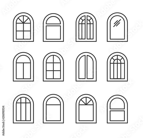 Arched & arch window. Casement & awning window frames. Line icon set. Vector illustration. Isolated objects