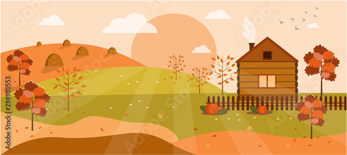 Panoramic of autumn landscape in sunny day
