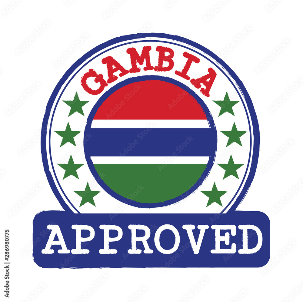 Vector Stamp of Approved logo with Gambia Flag in the round shape on the center. Vector Stamp of Approved logo with Gambia Flag in the round shape on the center.