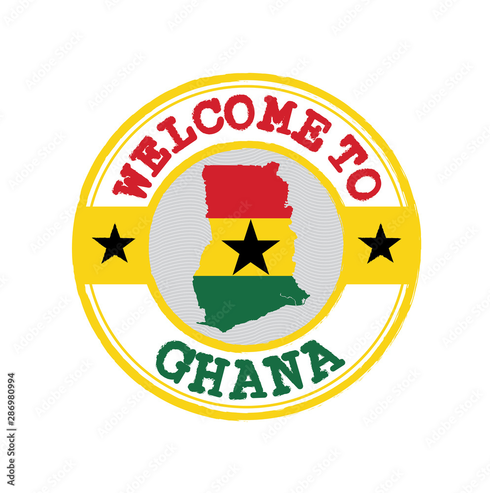 Vector stamp of welcome to Ghana with map outline of the nation in center.