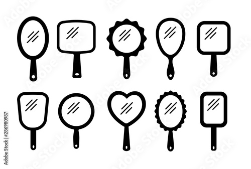 Hand mirrors with light reflection. Blank handheld makeup mirrors. Flat icon set. Female beauty accessories