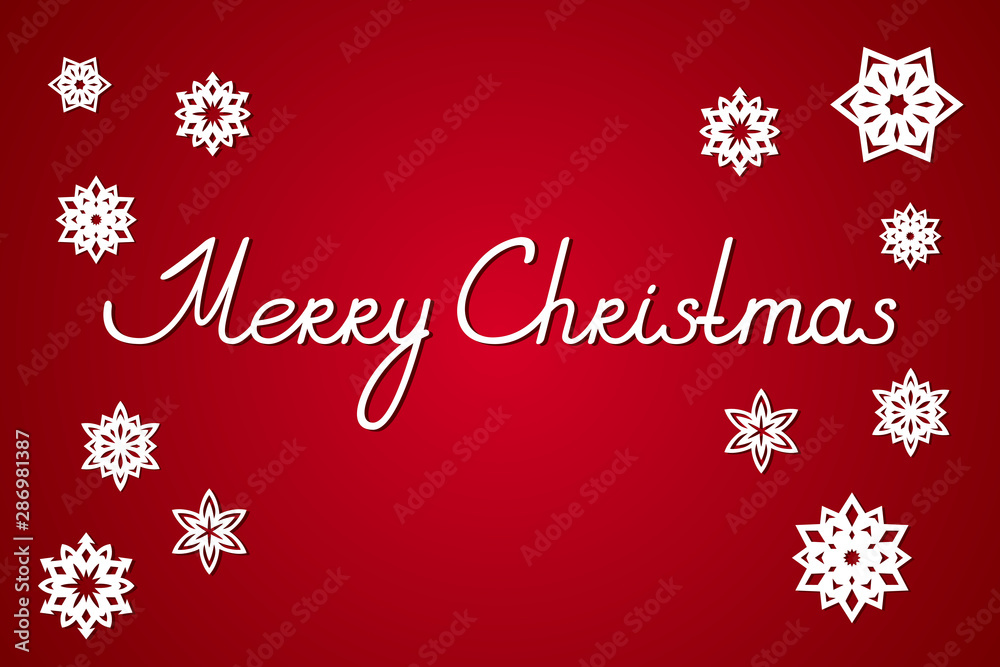 Greeting card with snowflakes and MERRY CHRISTMAS inscription. Red background. Vector illustration.