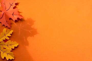 Maple and oak leaves on paper background with shadows and copyspace. Creative handmade paper craft, flat lay. Toned Autumn paper background.