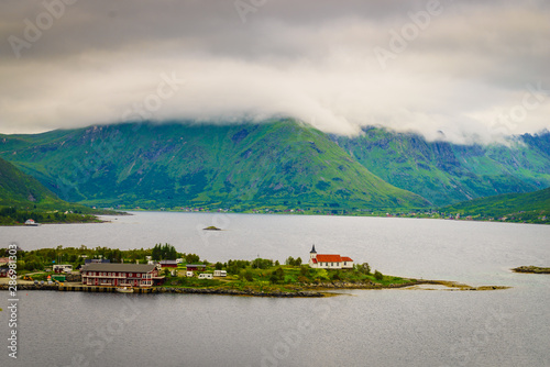 Fjord landscape with church. Lofoten Norway photo