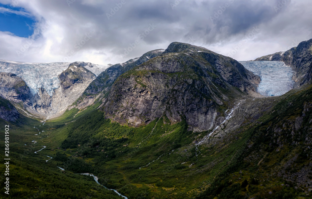 Bergsetbreen and Tuftebreen and Krundalen valley in Jostedalsbreen National Park, Norway