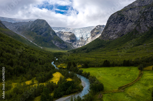 Aerial view of Bergsetbreen and Krundalen valley in Jostedalsbreen National Park, Norway photo