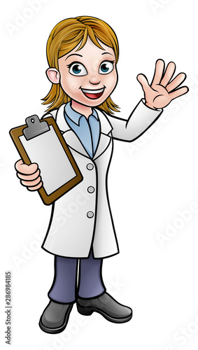 A cartoon scientist professor wearing lab white coat waving and holding a clipboard