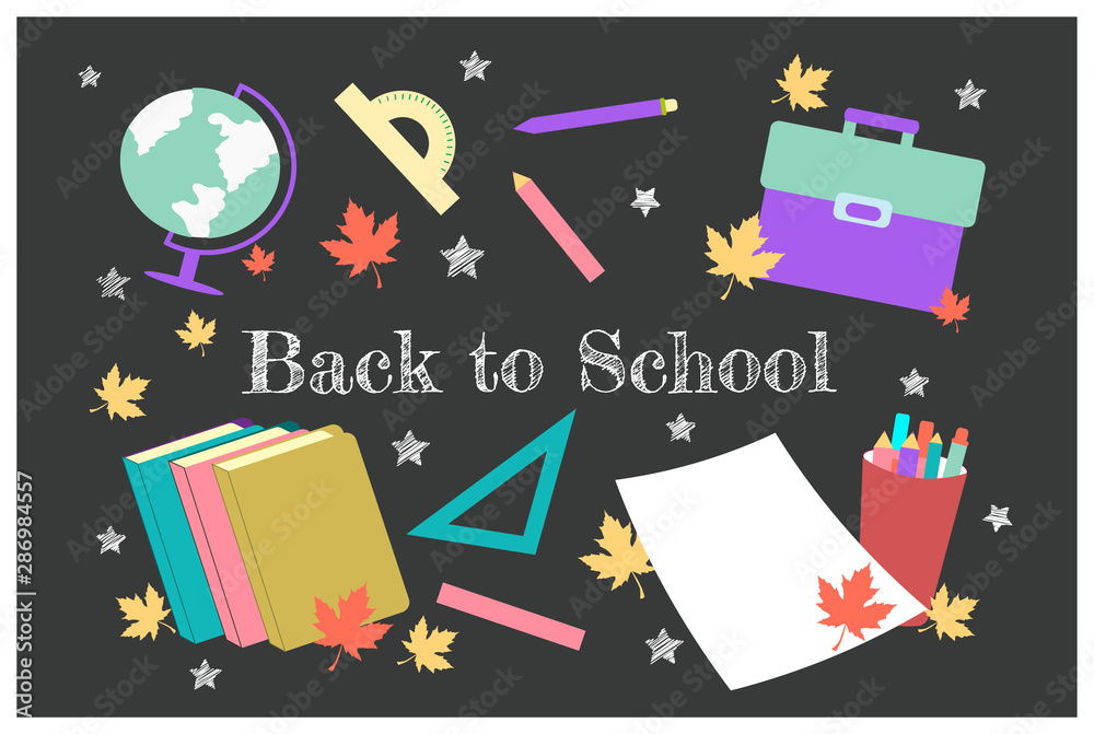Blackboard with the inscription: back to school, school supplies, a globe, books and a backpack Blackboard with the inscription: back to school, school supplies, a globe, books and a backpack