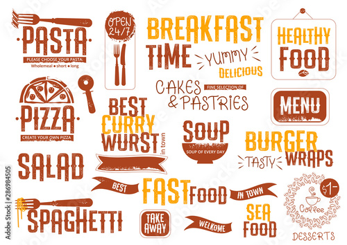 Headers voor menu, posters, advertenties in vintage stijl. Lettering. food symbols