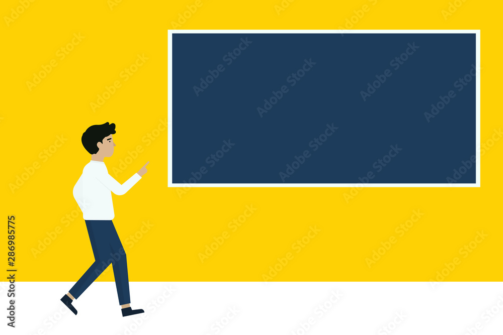 Cartoon character businessman pointing copy space on yellow background,A Business Men with flat illustration design. Cartoon character businessman pointing copy space on yellow background,A Business Men with flat illustration design.