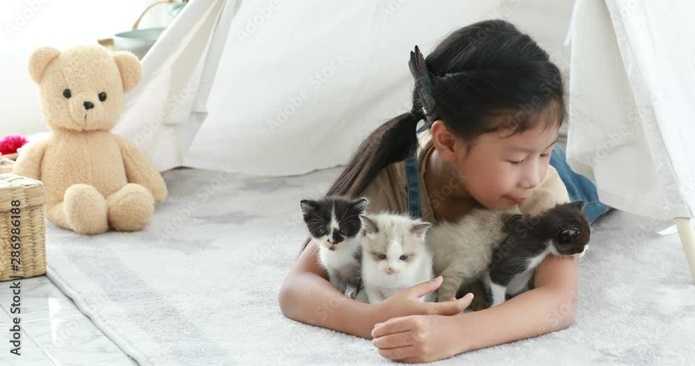 Little girl playing with cat in the wooden basket at home,friendship and together concept. Little girl playing with cat in the wooden basket at home,friendship and together concept.