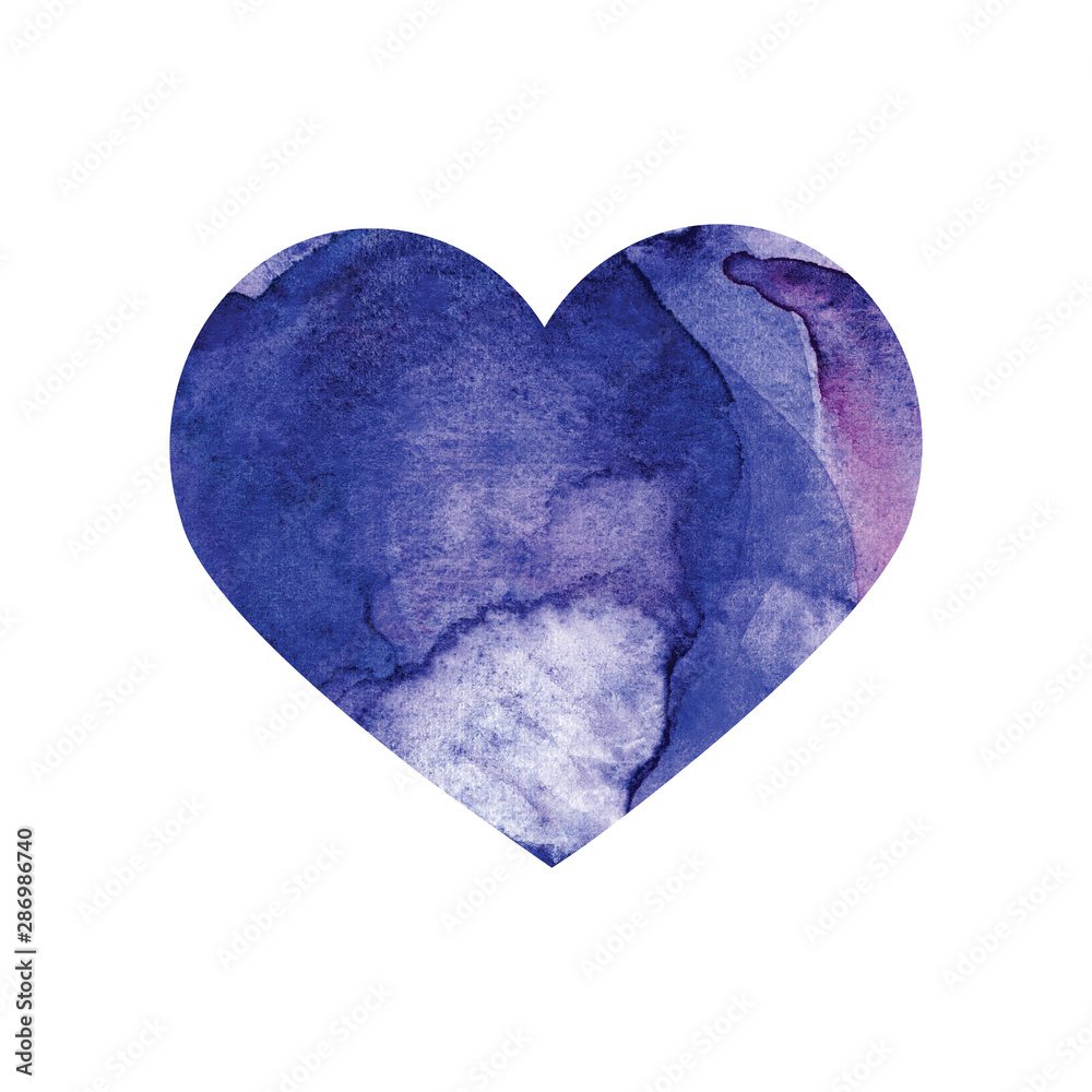 Watercolor purple heart isolated on white background.  Design for wedding, heart day, love, Valentine's Day. Wet paint brush romantic item for card, print, icon, text, label, icon