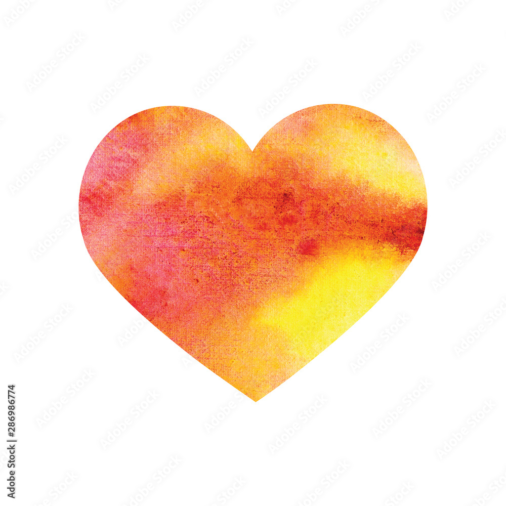 Watercolor yellow, Sunny heart isolated on white background.  Design for wedding, heart day, love, Valentine's Day. Wet paint brush romantic item for card, print, icon, text, label, icon