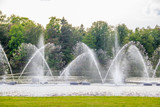 Fountain on the water. Water show. Fountain on the lake in the park.
