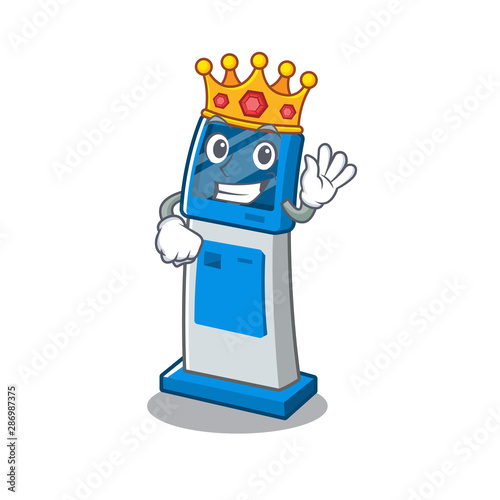 King digital information cartoon kiosk next to table