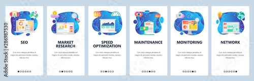 Mobile app onboarding screens. SEO, speed optimization and digital marketing. market research. Menu vector banner template for website and mobile development. Web site design flat illustration