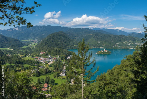 The picturesque panoramic landscape of the western part of Lake Bled (from Straza mountain).