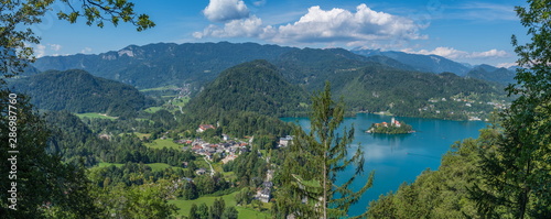 The picturesque panoramic landscape of the western part of Lake Bled (from Straza mountain).