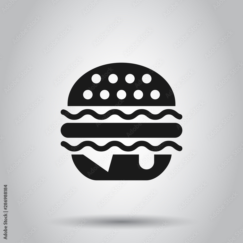 Burger sign icon in flat style. Hamburger vector illustration on isolated background. Cheeseburger business concept. Burger sign icon in flat style. Hamburger vector illustration on isolated background. Cheeseburger business concept.
