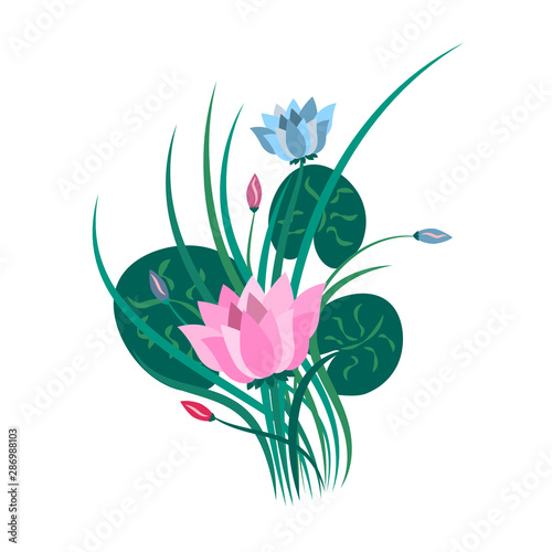 lotus flowers with leaves isolated on white