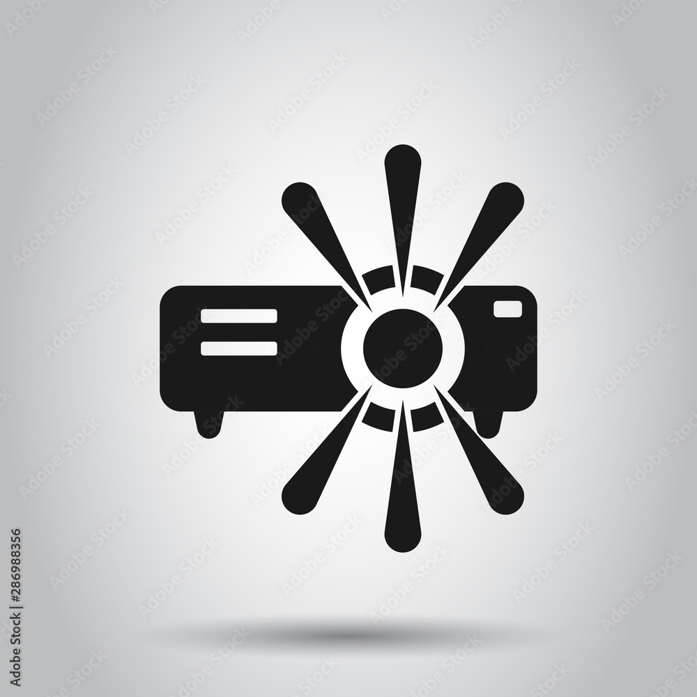 Video projector sign icon in flat style. Cinema presentation device vector illustration on isolated background. Conference business concept. Video projector sign icon in flat style. Cinema presentation device vector illustration on isolated background. Conference business concept.