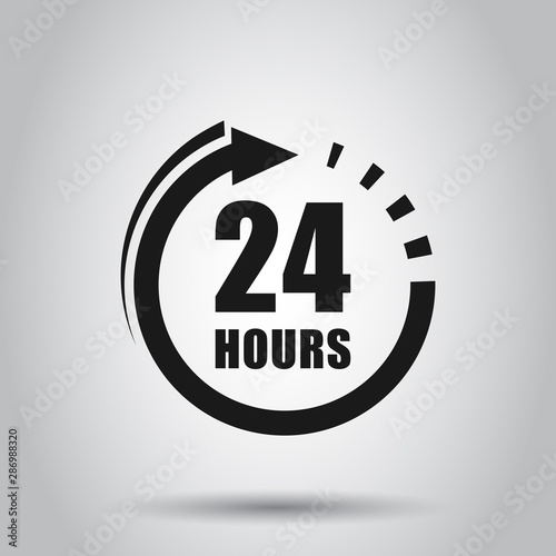 24 hours clock sign icon in flat style. Twenty four hour open vector illustration on isolated background. Timetable business concept. photo