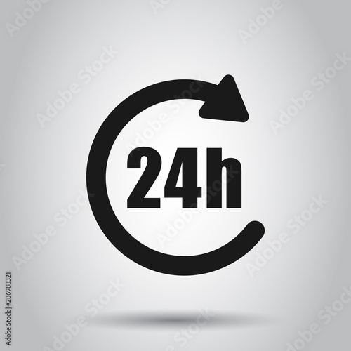 24 hours clock sign icon in flat style. Twenty four hour open vector illustration on isolated background. Timetable business concept.