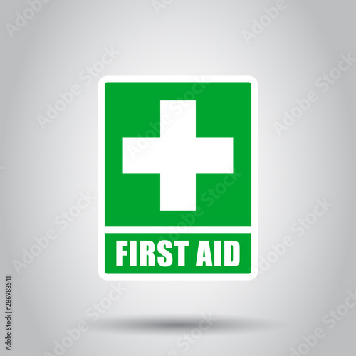First aid sign icon in flat style. Health, help and medical vector illustration on isolated background. Hospital business concept.