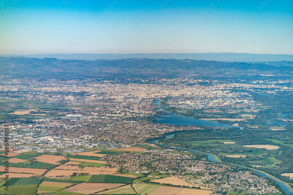 Aerial view over Lyon and the Rhone