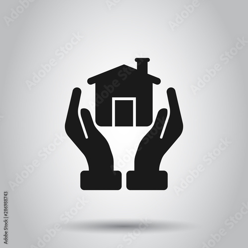 Home care icon in flat style. Hand hold house vector illustration on isolated background. Building quality business concept.