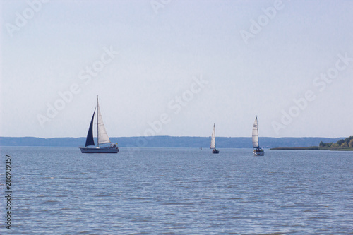 Sailing ship yachts with white sails in a row