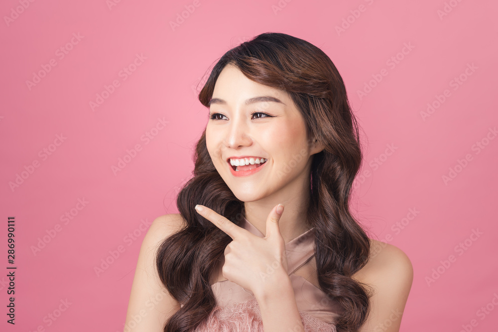 Close-up photo portrait of nice sweet lovely dream dreamy with whit teeth smile Close-up photo portrait of nice sweet lovely dream dreamy with whit teeth smile