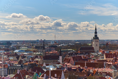 Aerial view over Tallinn historic city center. 