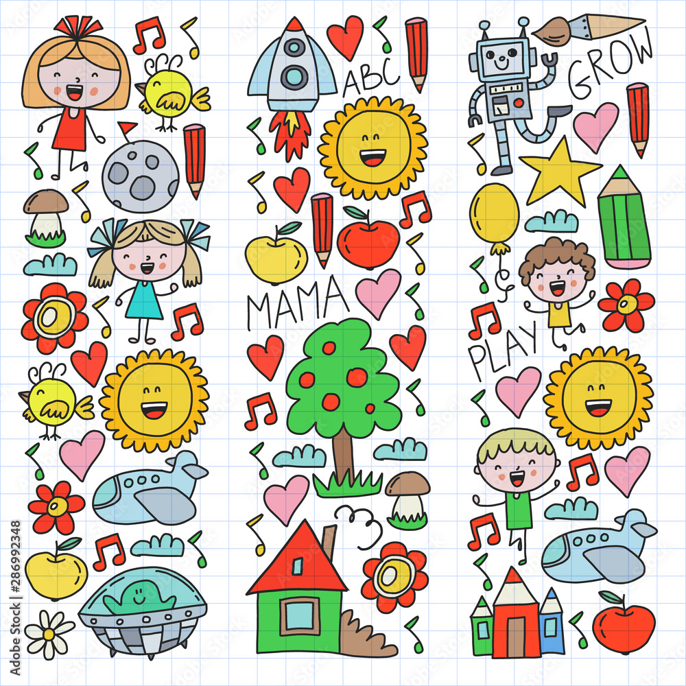 Fototapeta premium Time to adventure. Imagination creativity small children play nursery kindergarten preschool school kids drawing doodle icons pattern, play, study, learn with happy boys and girls Let's explore space.
