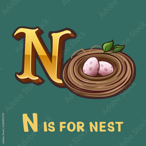 Children alphabet letter N and nest