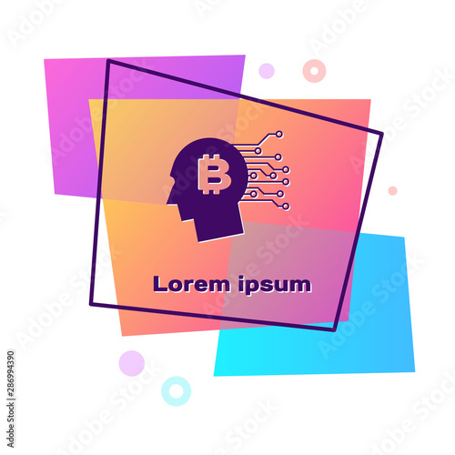 Purple Bitcoin think icon isolated on white background. Cryptocurrency head. Blockchain technology, bitcoin, digital money market, cryptocoin wallet. Color rectangle button. Vector Illustration