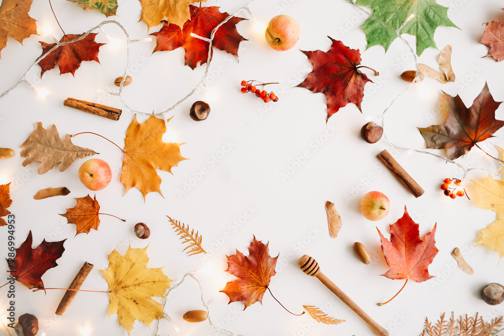 Autumn composition. Pattern made of autumn things on white background. Autumn, fall concept. Flat lay, top view, copy space