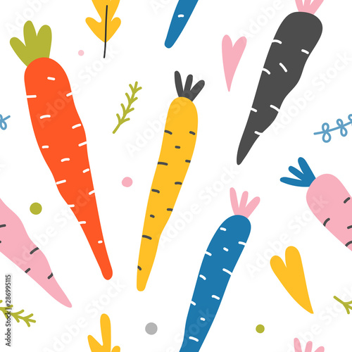 Handdrawn repeat pattern with colorful carrots in scandinavian colors. Sketch style red carrots, hand drawn seamless vector background, good for baby wallpaper, wrapping paper or textile fabric.