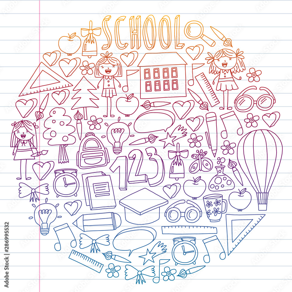 Fototapeta premium Vector set of Back to School icons in doodle style. Painted, colorful, pictures on a piece of paper on white background. Drawing on exercise notebook in gradient style.