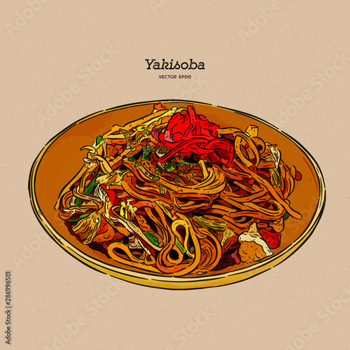 Yakisoba, stir-fried noodle with meat and vegetables. hand draw sketch vector.
