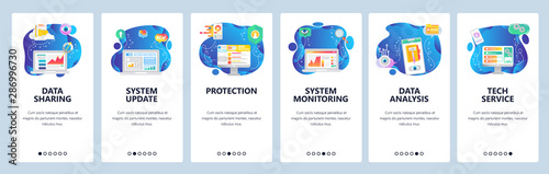 Mobile app onboarding screens. Data security storage and sharing, system monitoring, data analysis. Menu vector banner template for website and mobile development. Web site design flat illustration