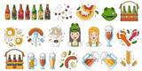 Linear icon collection for oktoberfest celebration. Beer festival symbols, sych as mugs, bottles, pretzel, sausage. German octoberfest waitress character, trendy flat design vector illustrations set.