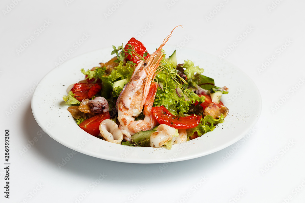 seafood salad on a white plate