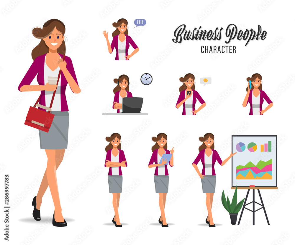 Businesswoman in job and lifestyle daily routine character set.