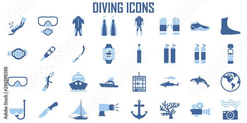 Scuba diving, snorkeling elements - minimal flat web icon set. flat icons collection. Simple mono symbol vector illustration. Blue tone color.