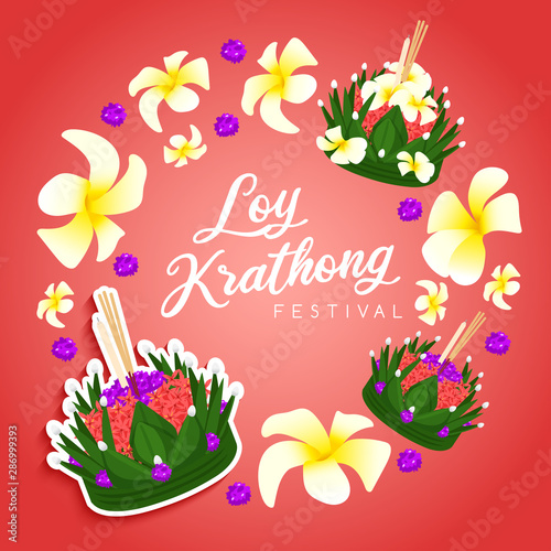 Loy Krathong, Thai Traditional Festival Card Template : Vector Illustration