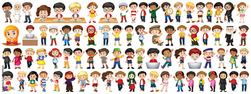 Children with different nationalities on white background