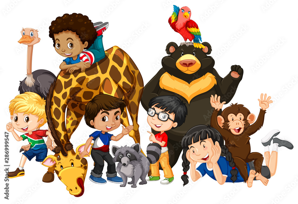 Children with animals on isolated background