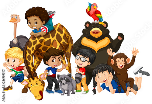 Children with animals on isolated background © blueringmedia